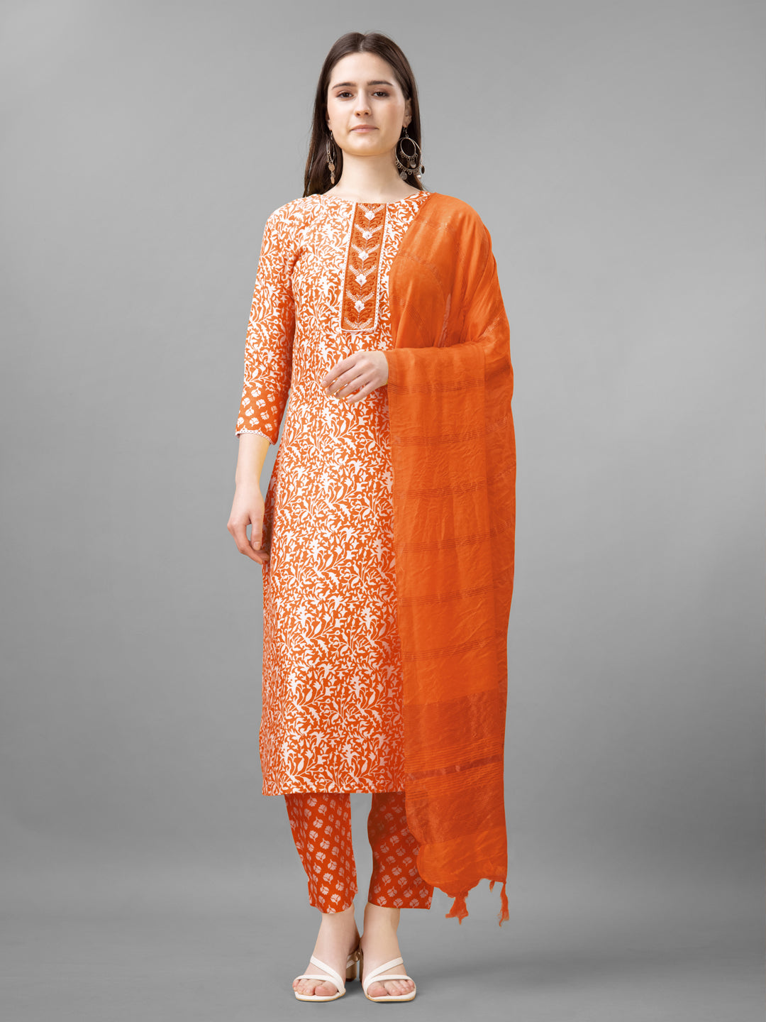 Embroidered Orange Rayon Kurti Pant Set with Dupatta for Women