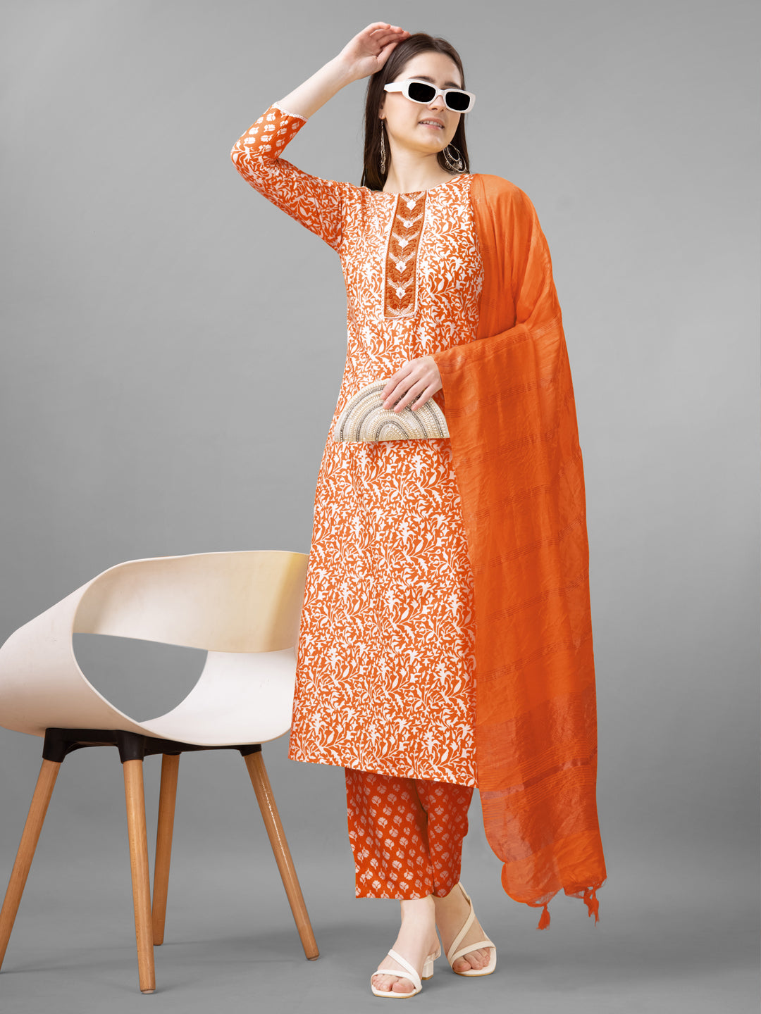 Embroidered Orange Rayon Kurti Pant Set with Dupatta for Women