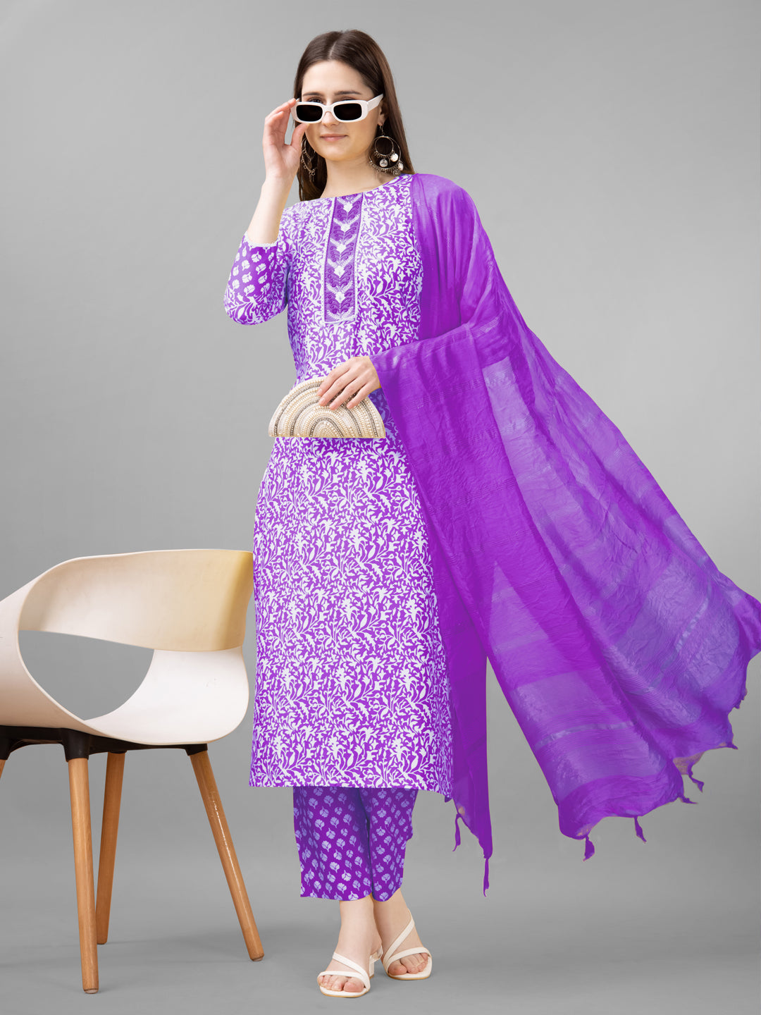 Embroidered Purple Rayon Kurta Sets for Women