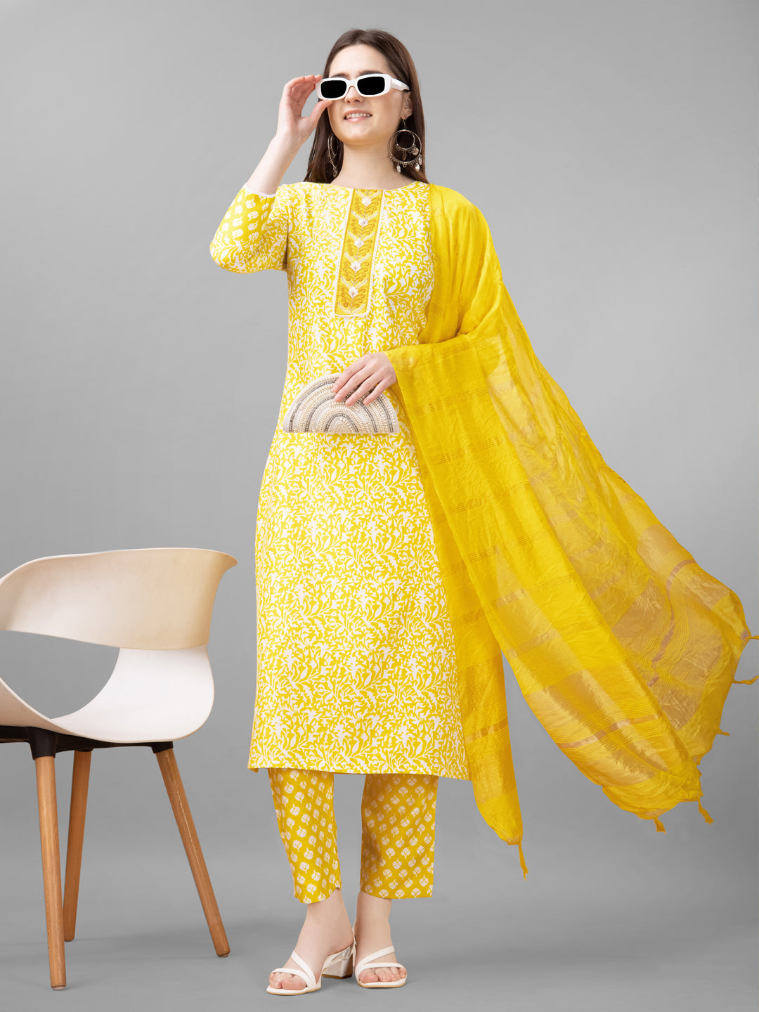 Embroidered Yellow Rayon Kurta Sets for Women