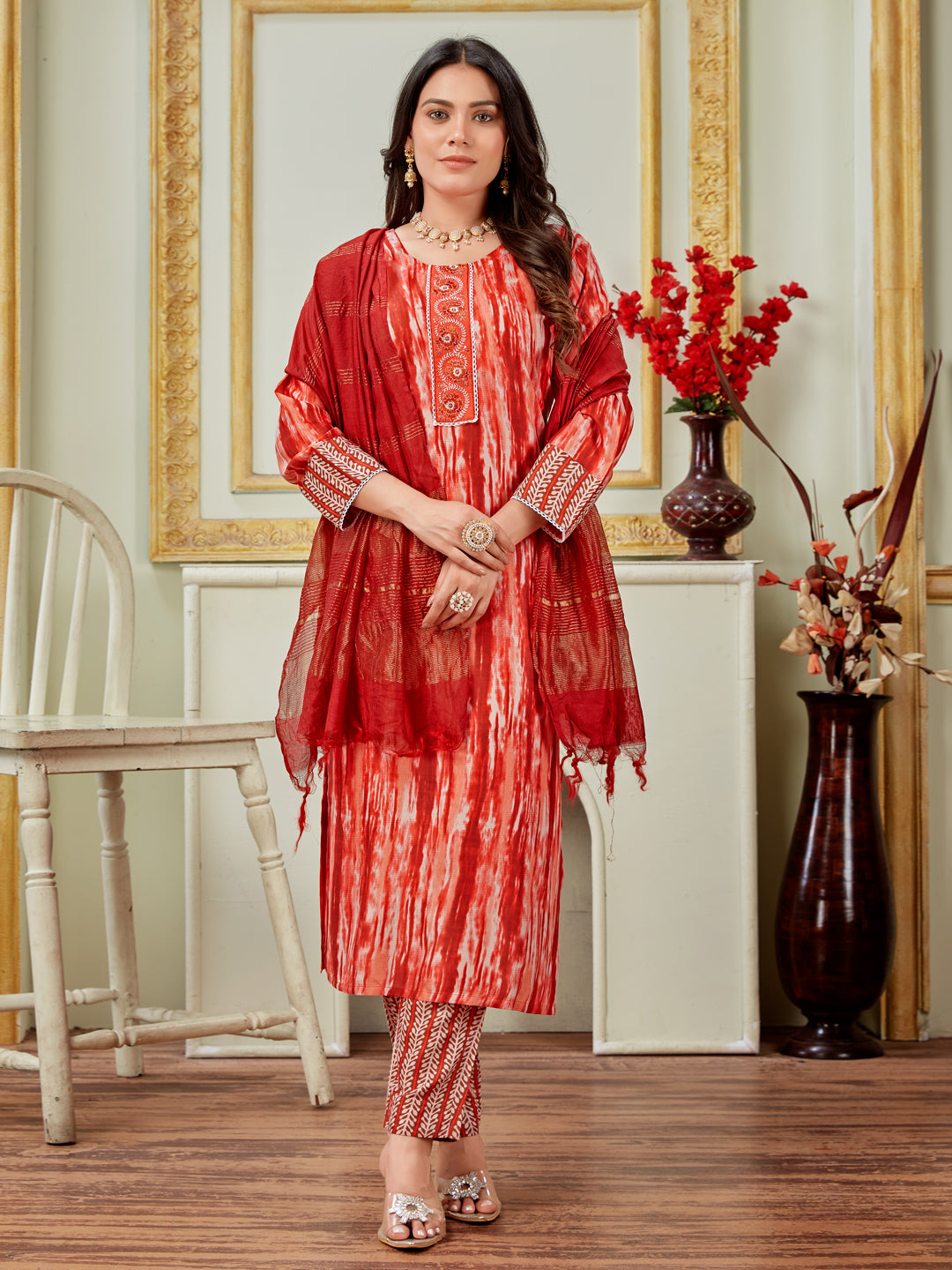 Embroidered Orange Rayon Kurta Sets for Women