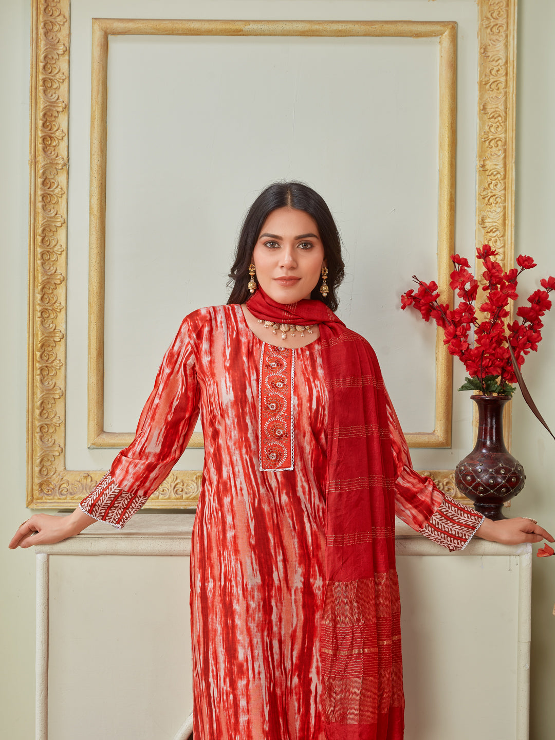 Embroidered Orange Rayon Kurta Sets for Women