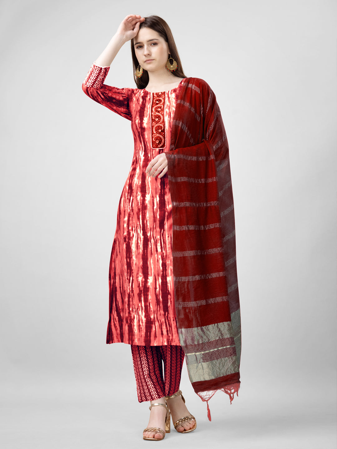 Embroidered Orange Rayon Kurta Sets for Women