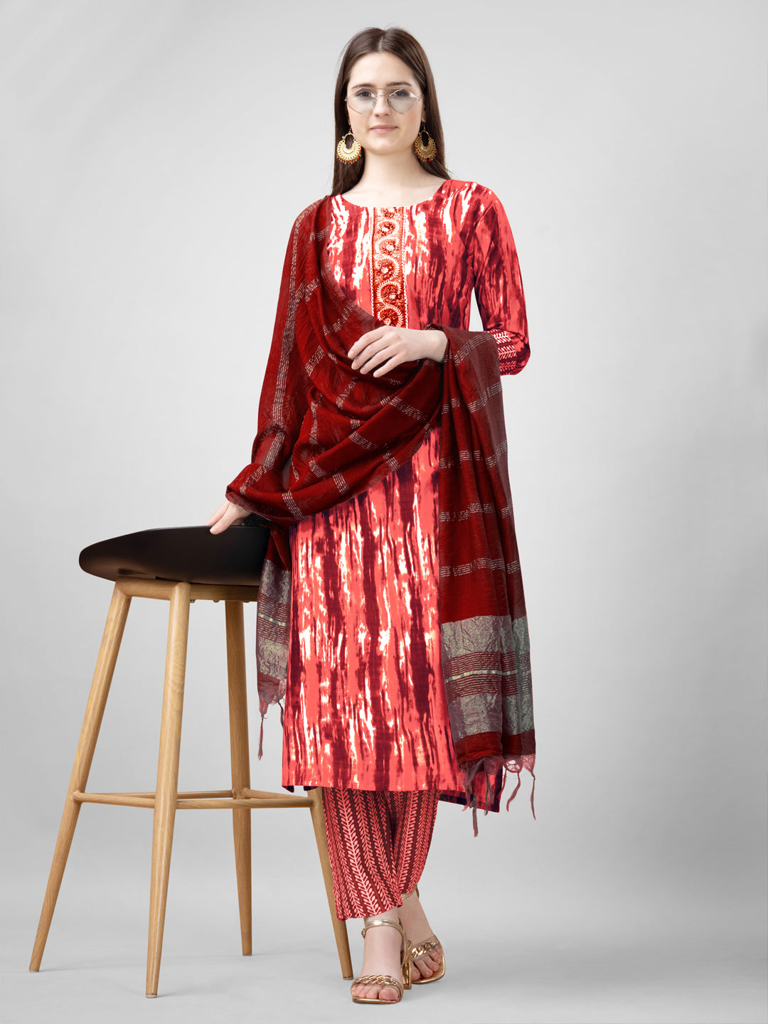 Embroidered Orange Rayon Kurta Sets for Women