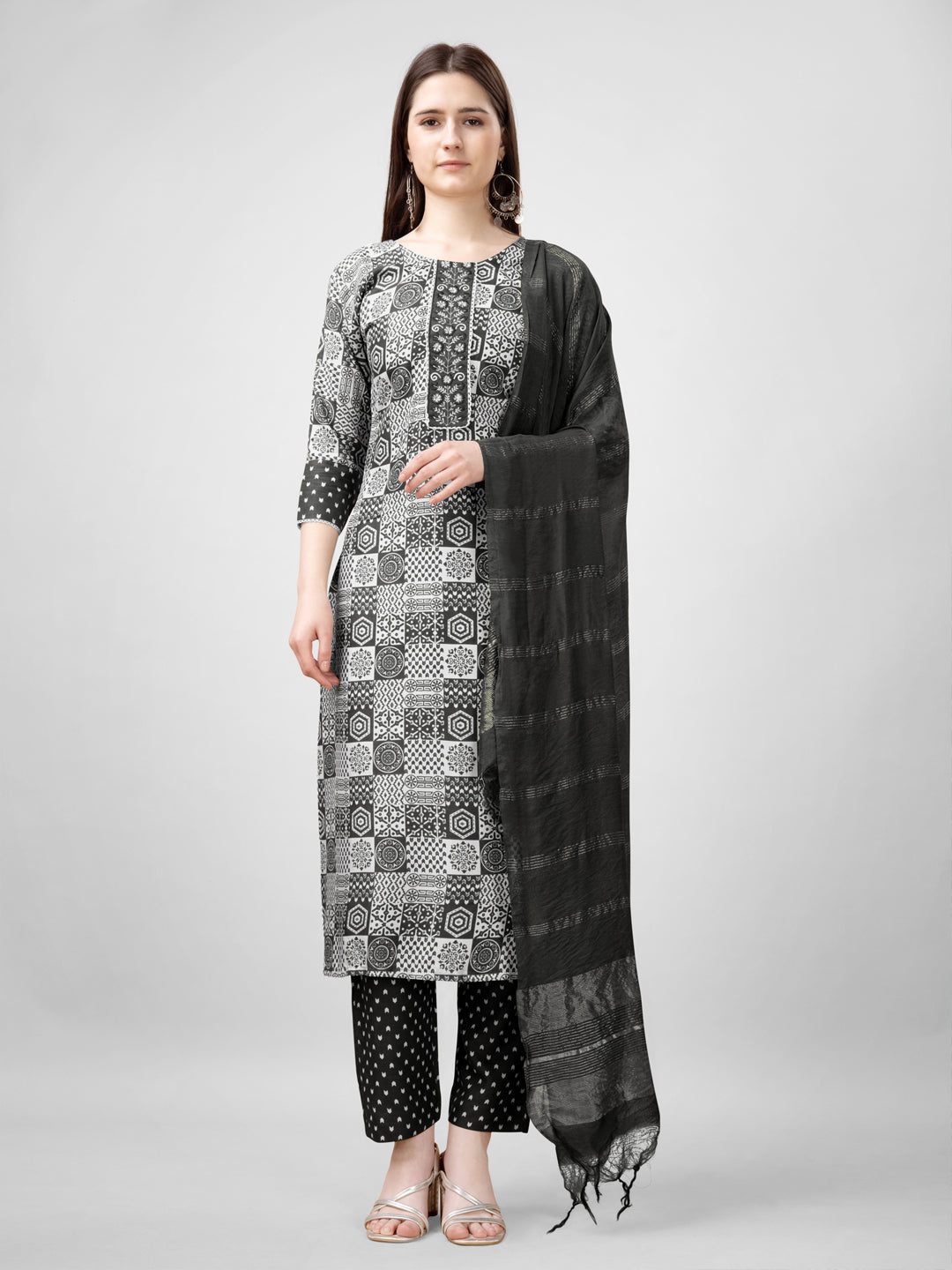 Embroidered Black Rayon Kurti Pant Set with Dupatta for Women