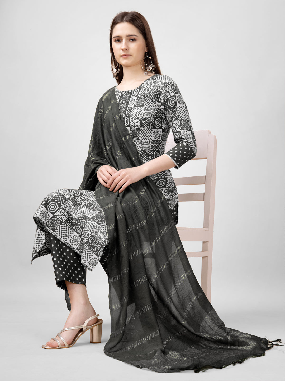 Embroidered Black Rayon Kurti Pant Set with Dupatta for Women