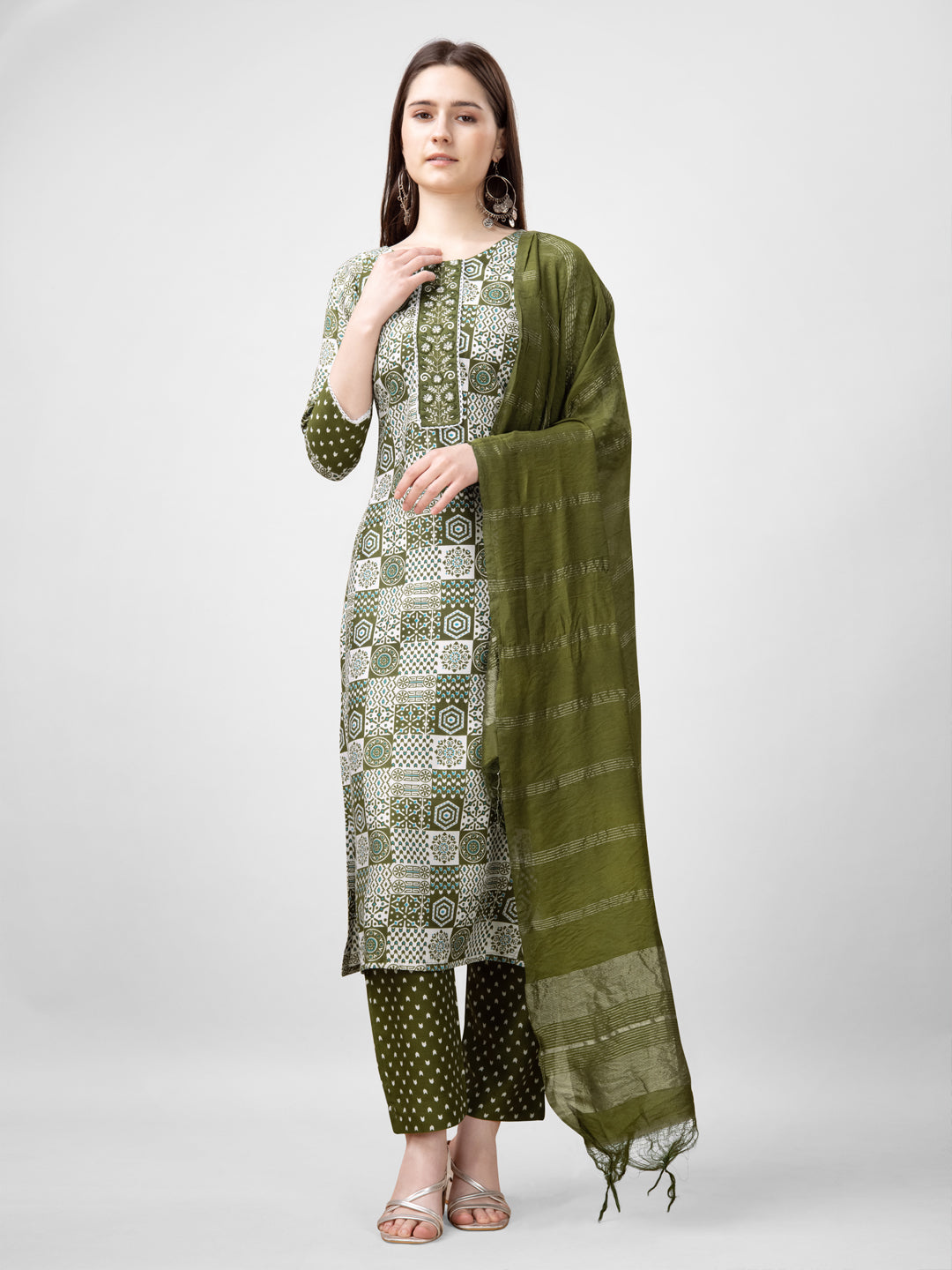 Embroidered Mehendi Green Rayon Kurti Pant Set with Dupatta for Women