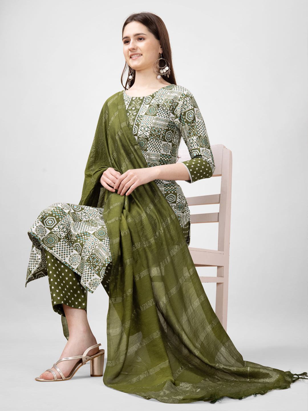 Embroidered Mehendi Green Rayon Kurti Pant Set with Dupatta for Women