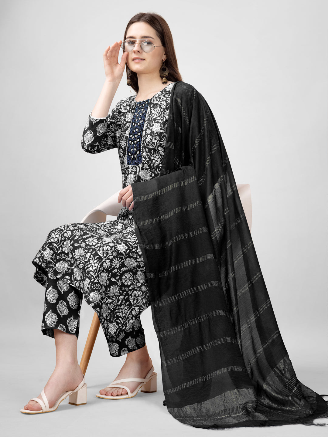 Embroidered Black Rayon Kurta Sets for Women