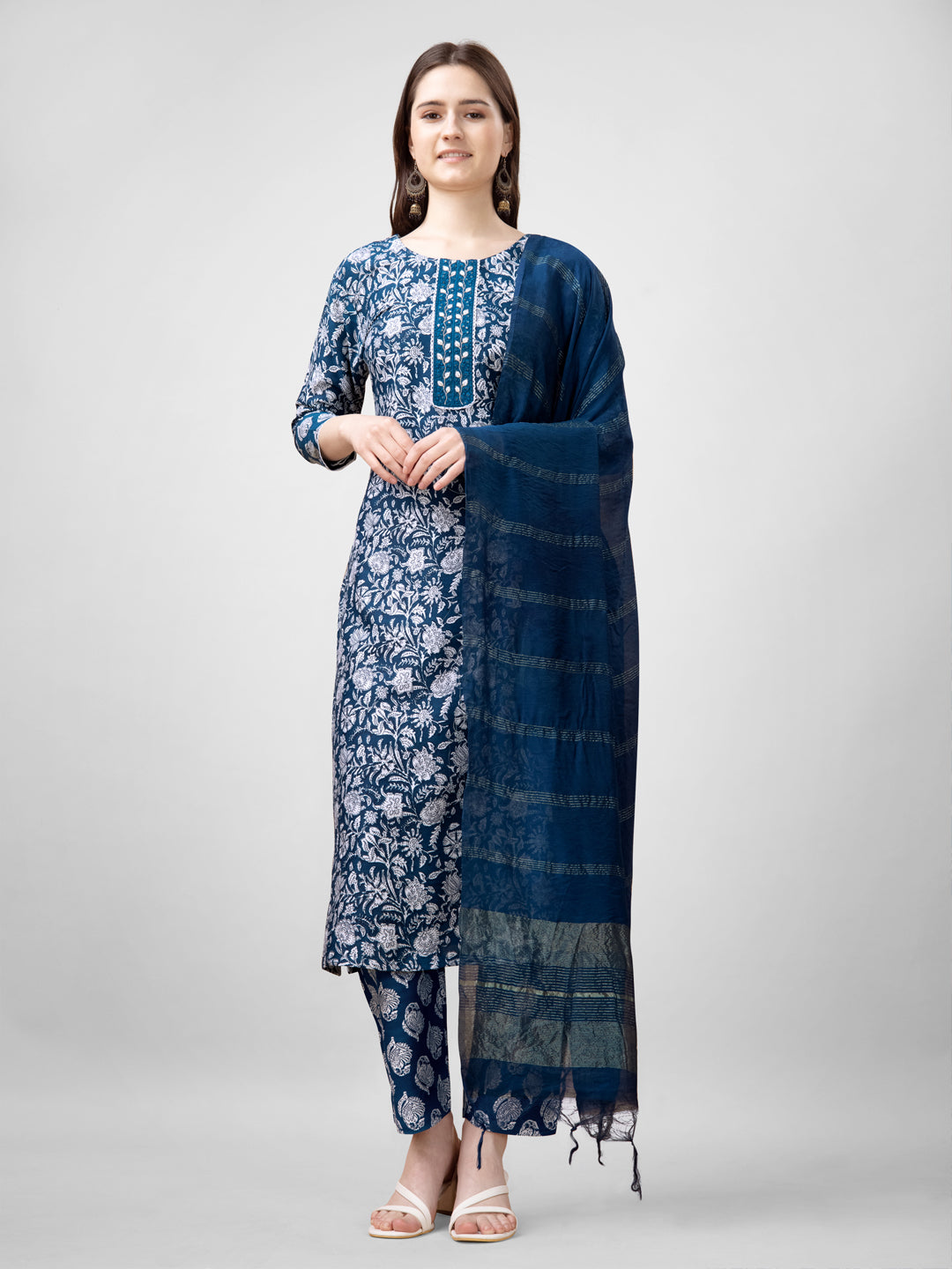 Embroidered Morpichh Blue Rayon Kurti Pant Set with Dupatta for Women