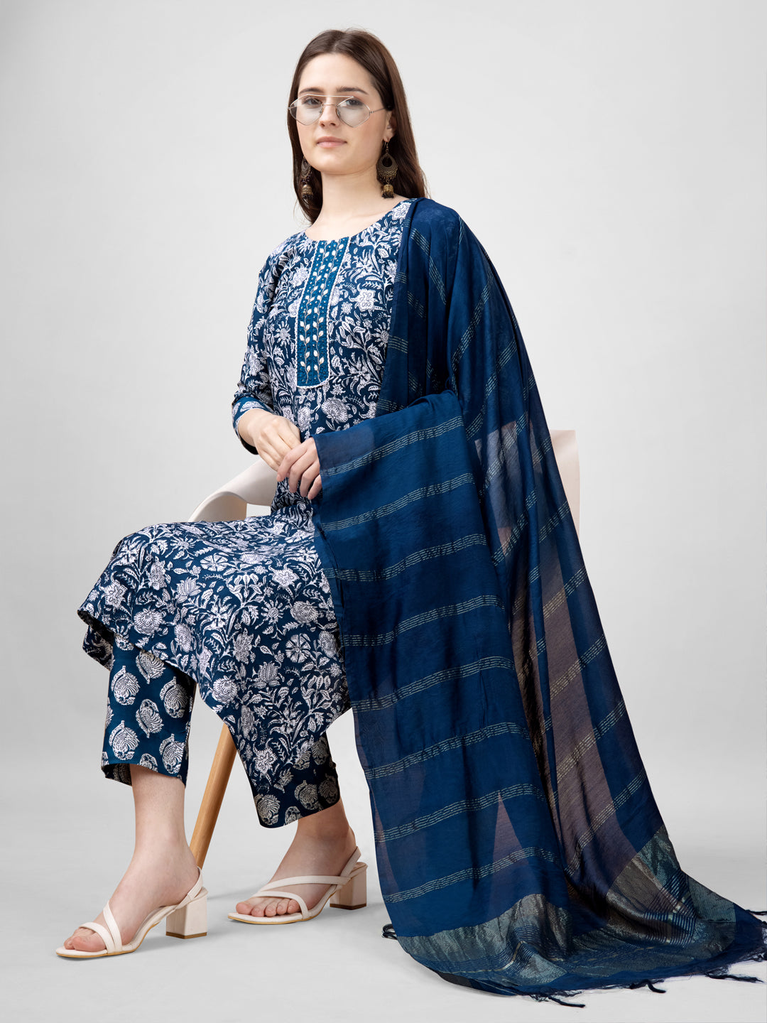 Embroidered Morpichh Blue Rayon Kurti Pant Set with Dupatta for Women