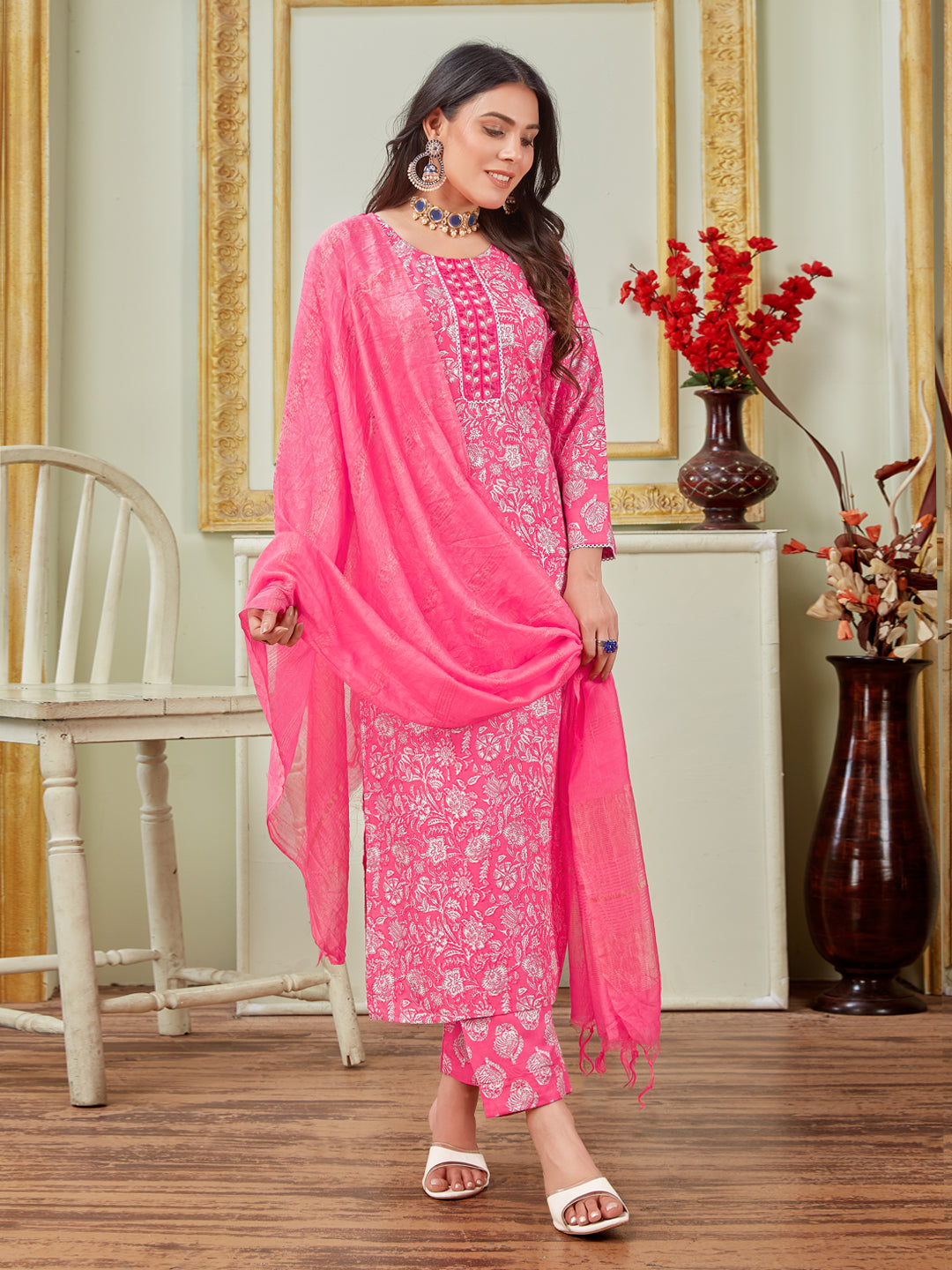 Embroidered Pink Rayon Kurti Pant Set with Dupatta for Women