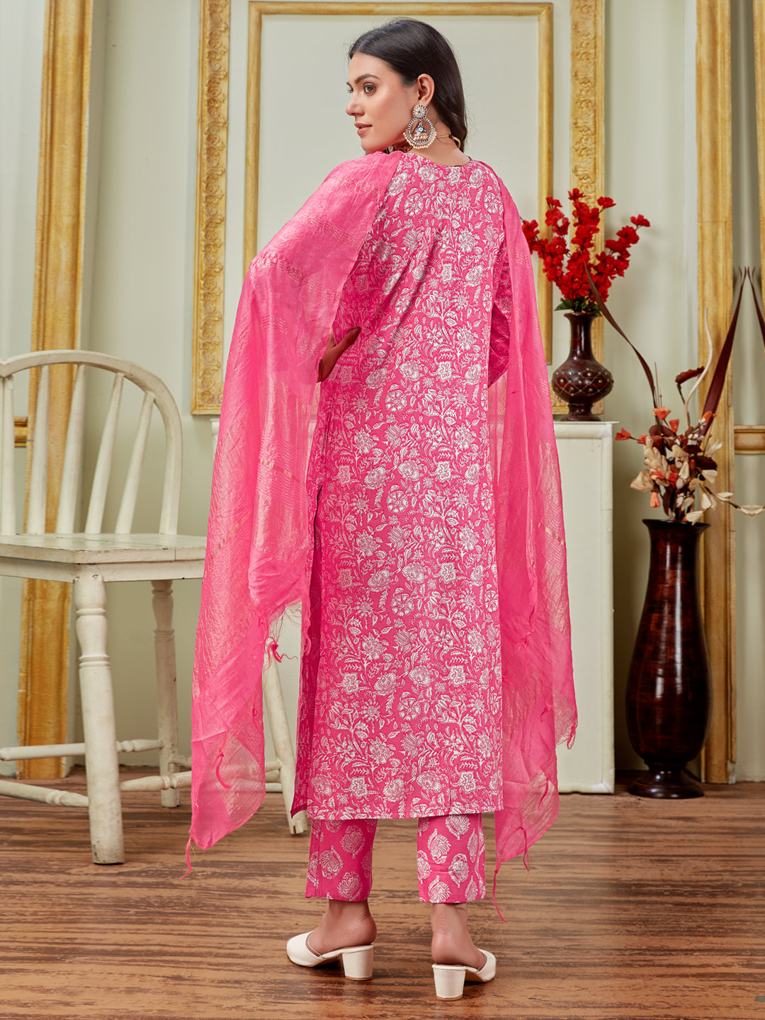 Embroidered Pink Rayon Kurti Pant Set with Dupatta for Women