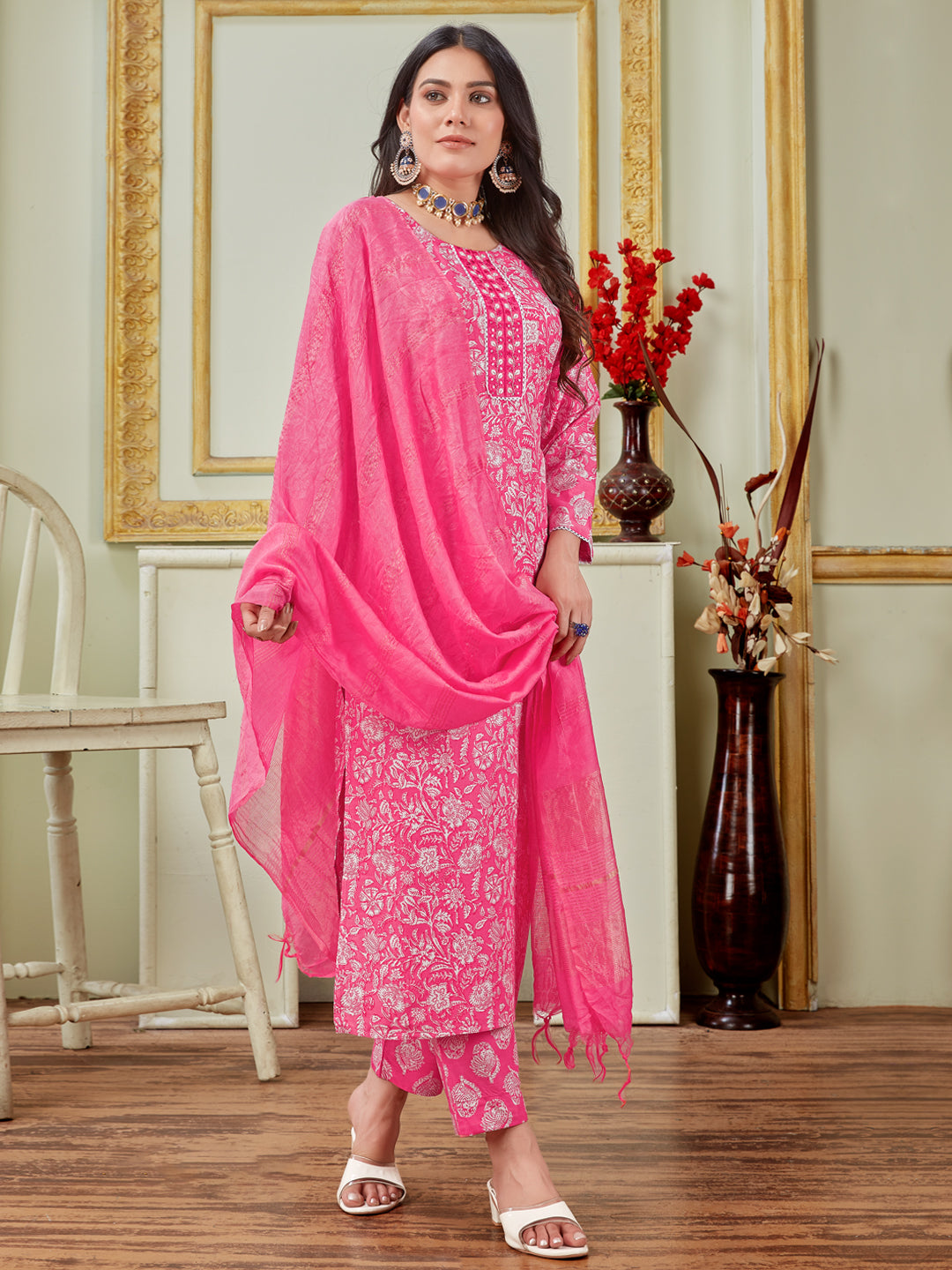 Embroidered Pink Rayon Kurti Pant Set with Dupatta for Women