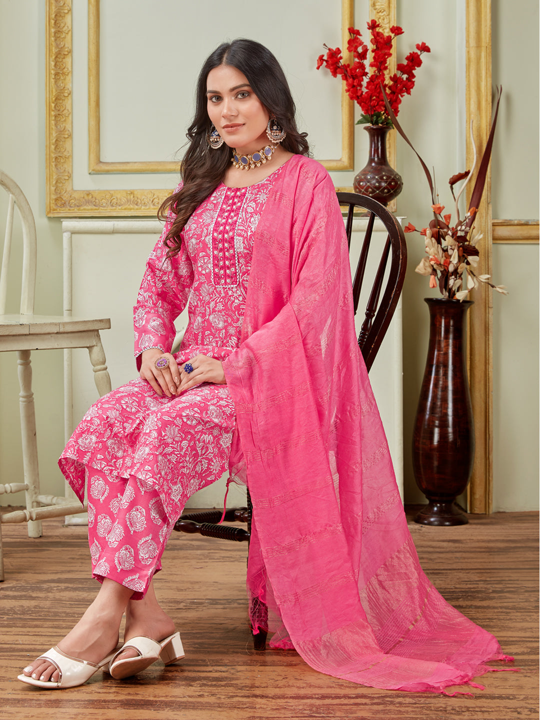 Embroidered Pink Rayon Kurti Pant Set with Dupatta for Women