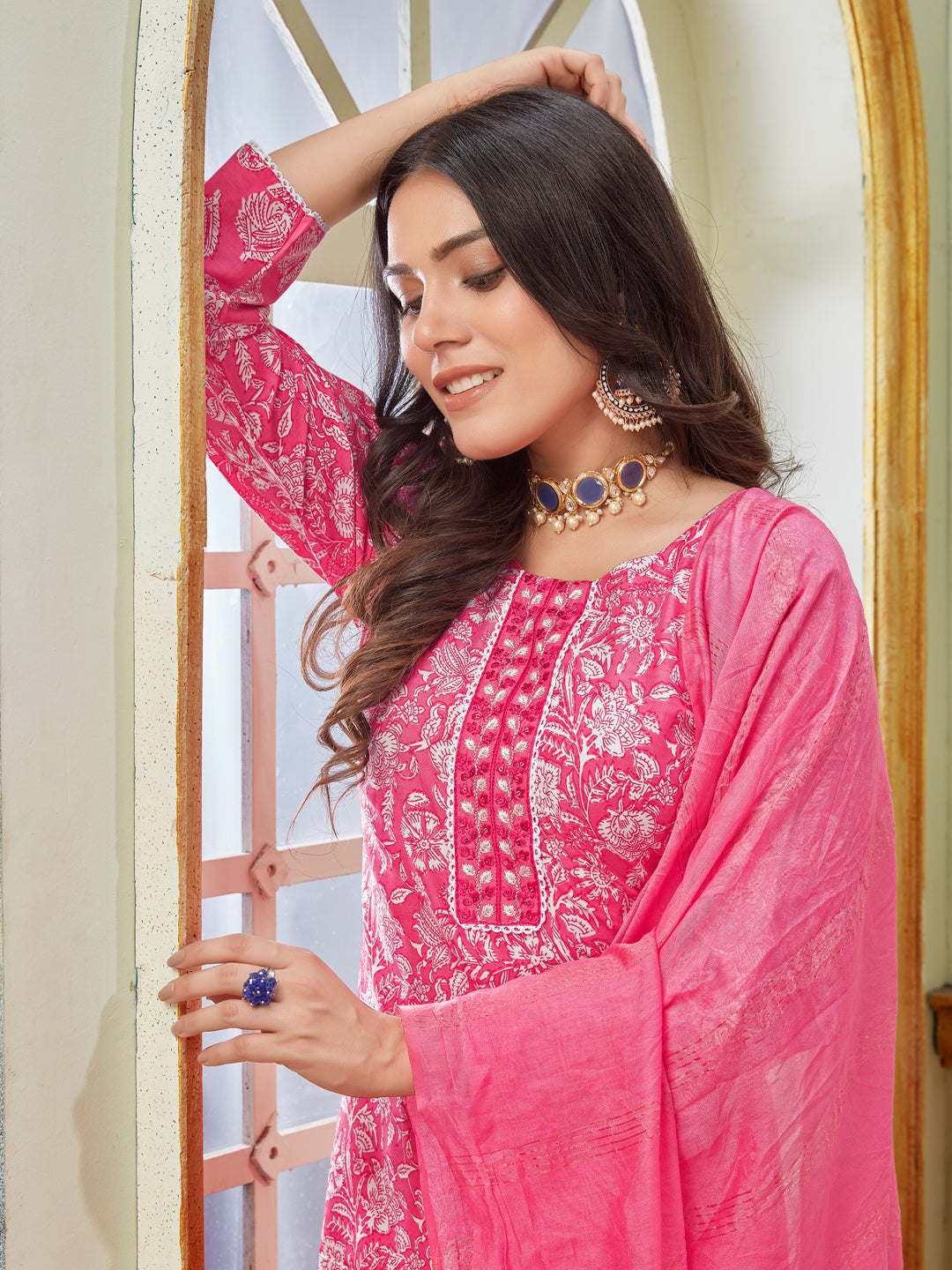 Embroidered Pink Rayon Kurti Pant Set with Dupatta for Women