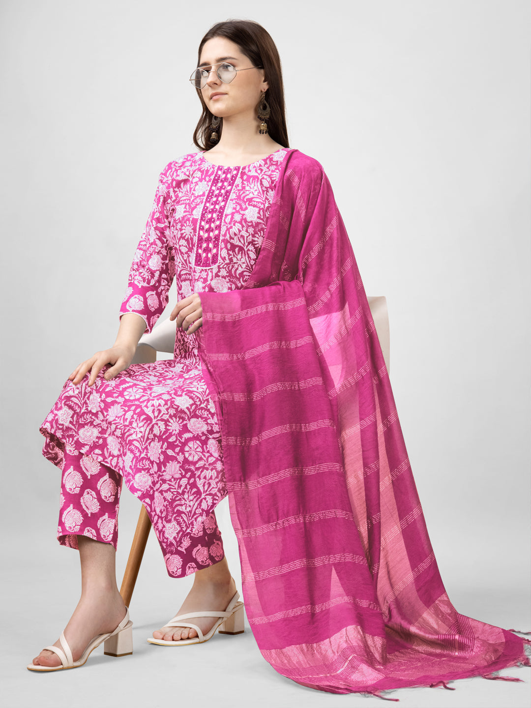 Embroidered Pink Rayon Kurta Sets for Women