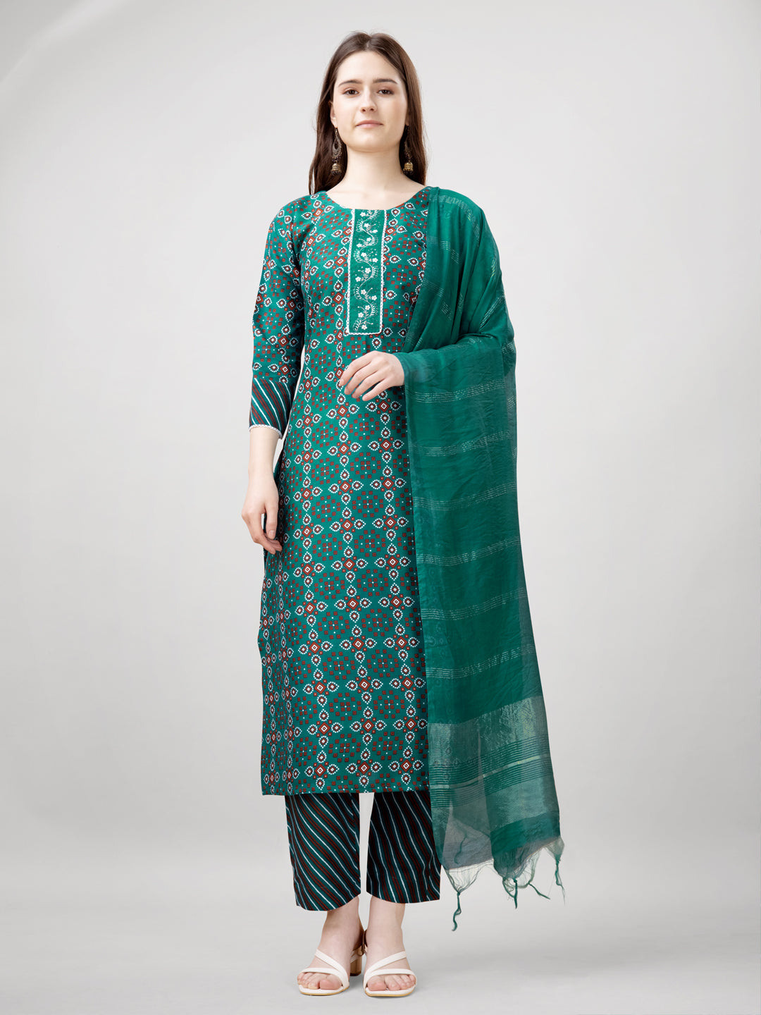 Embroidered Rama Green Rayon Kurti Pant Set with Dupatta for Women