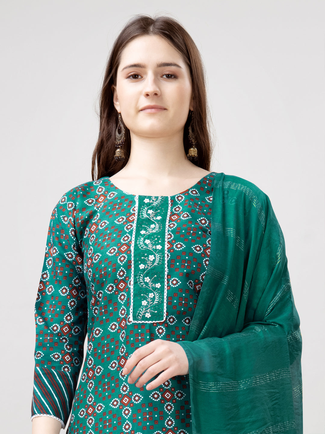 Embroidered Rama Green Rayon Kurti Pant Set with Dupatta for Women