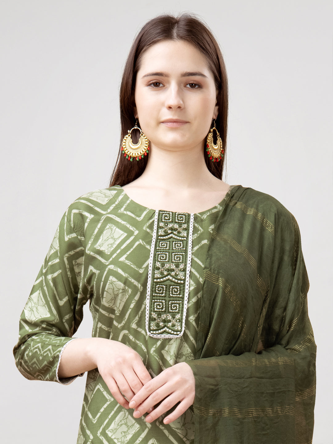 Embroidered Mehendi Green Rayon Kurta Sets for Women