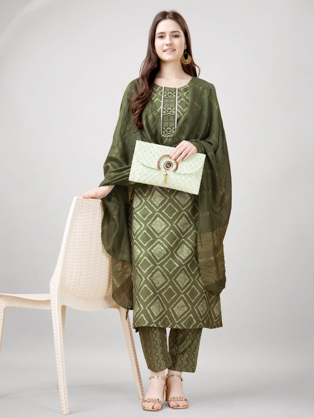 Embroidered Mehendi Green Rayon Kurta Sets for Women