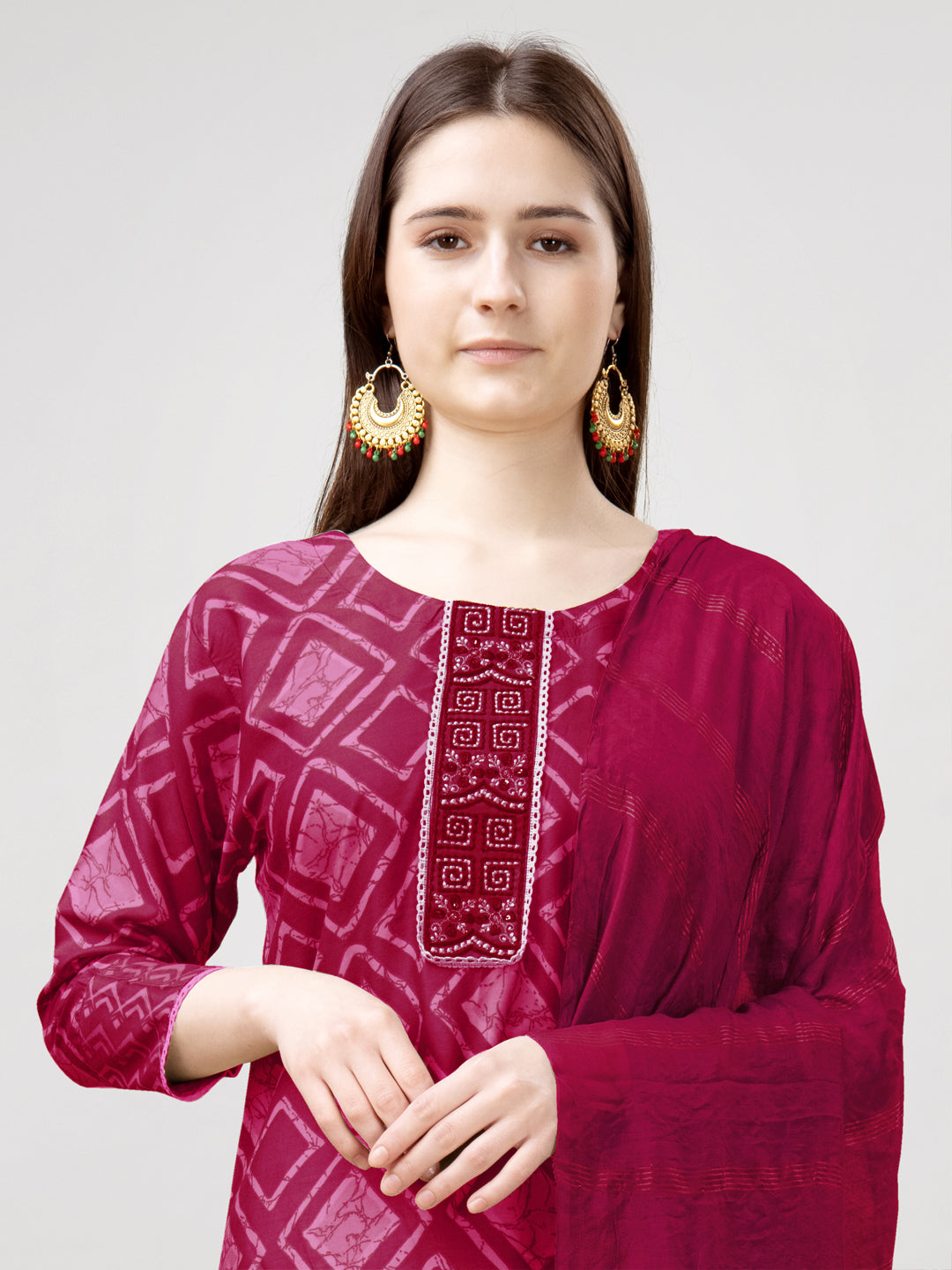 Embroidered Pink Rayon Kurti Pant Set with Dupatta for Women