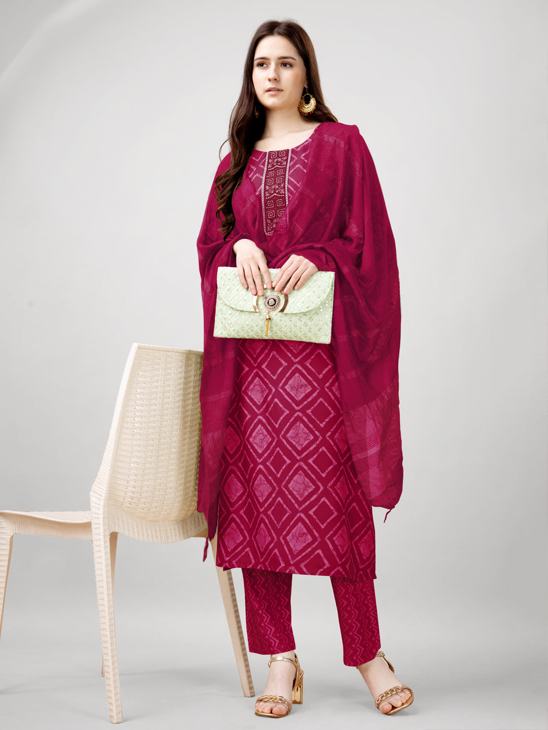 Embroidered Pink Rayon Kurti Pant Set with Dupatta for Women