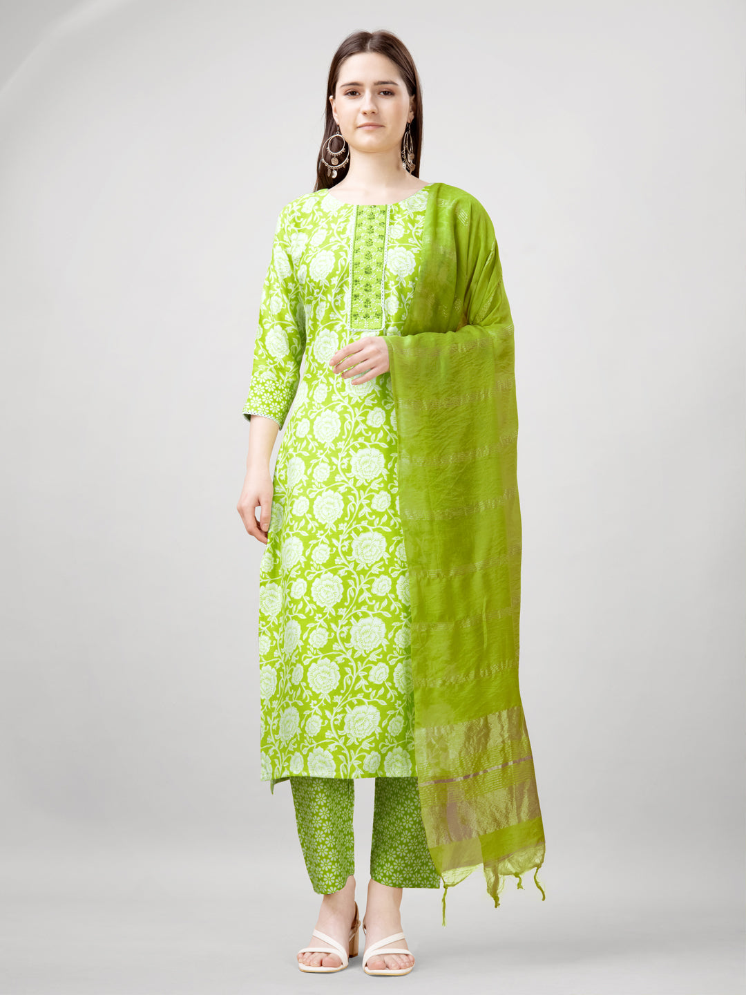 Embroidered Parrot Green Rayon Kurti Pant Set with Dupatta for Women