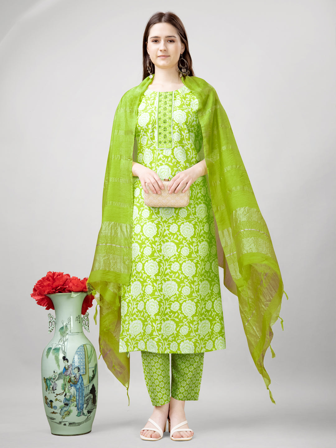 Embroidered Parrot Green Rayon Kurti Pant Set with Dupatta for Women