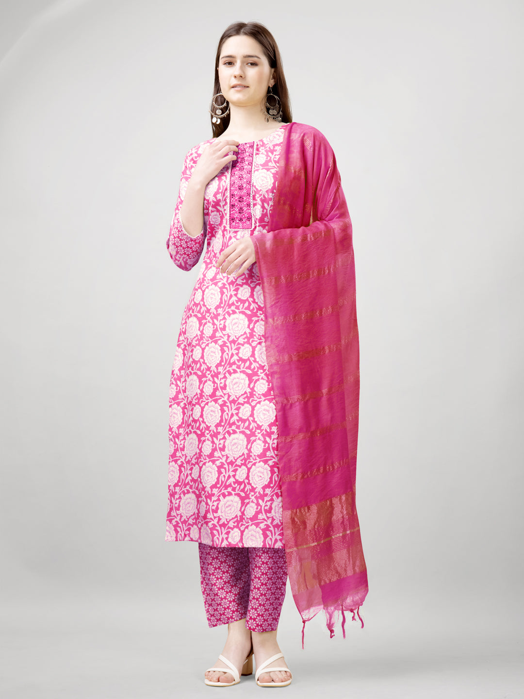 Embroidered Pink Rayon Kurti Pant Set with Dupatta for Women