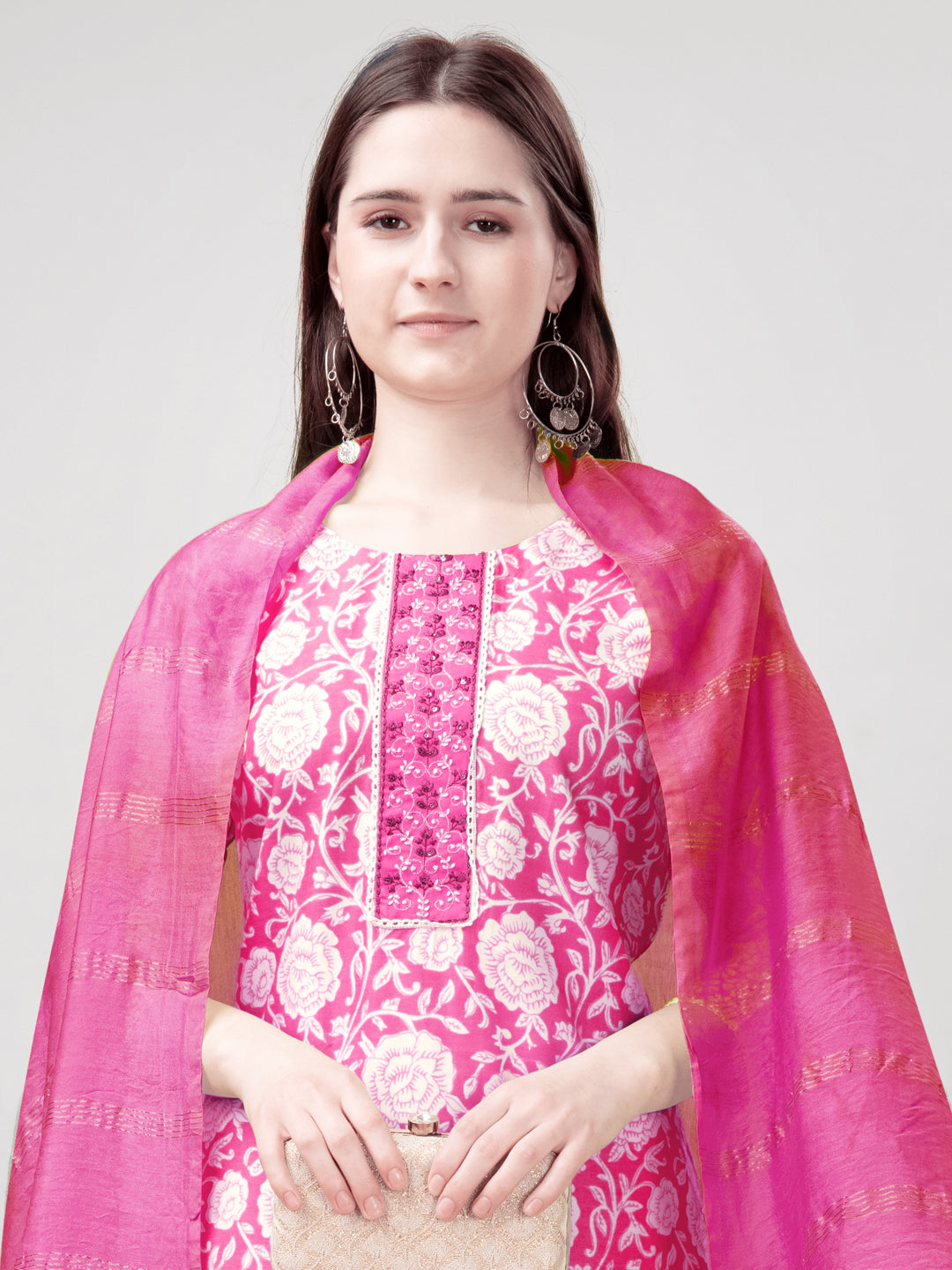 Embroidered Pink Rayon Kurti Pant Set with Dupatta for Women