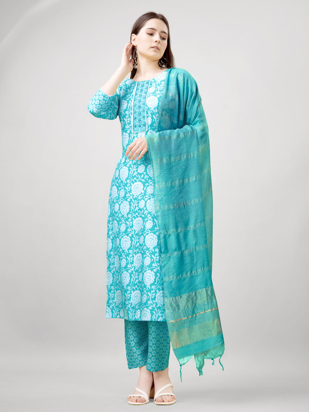 Embroidered Sky Blue Rayon Kurta Sets for Women