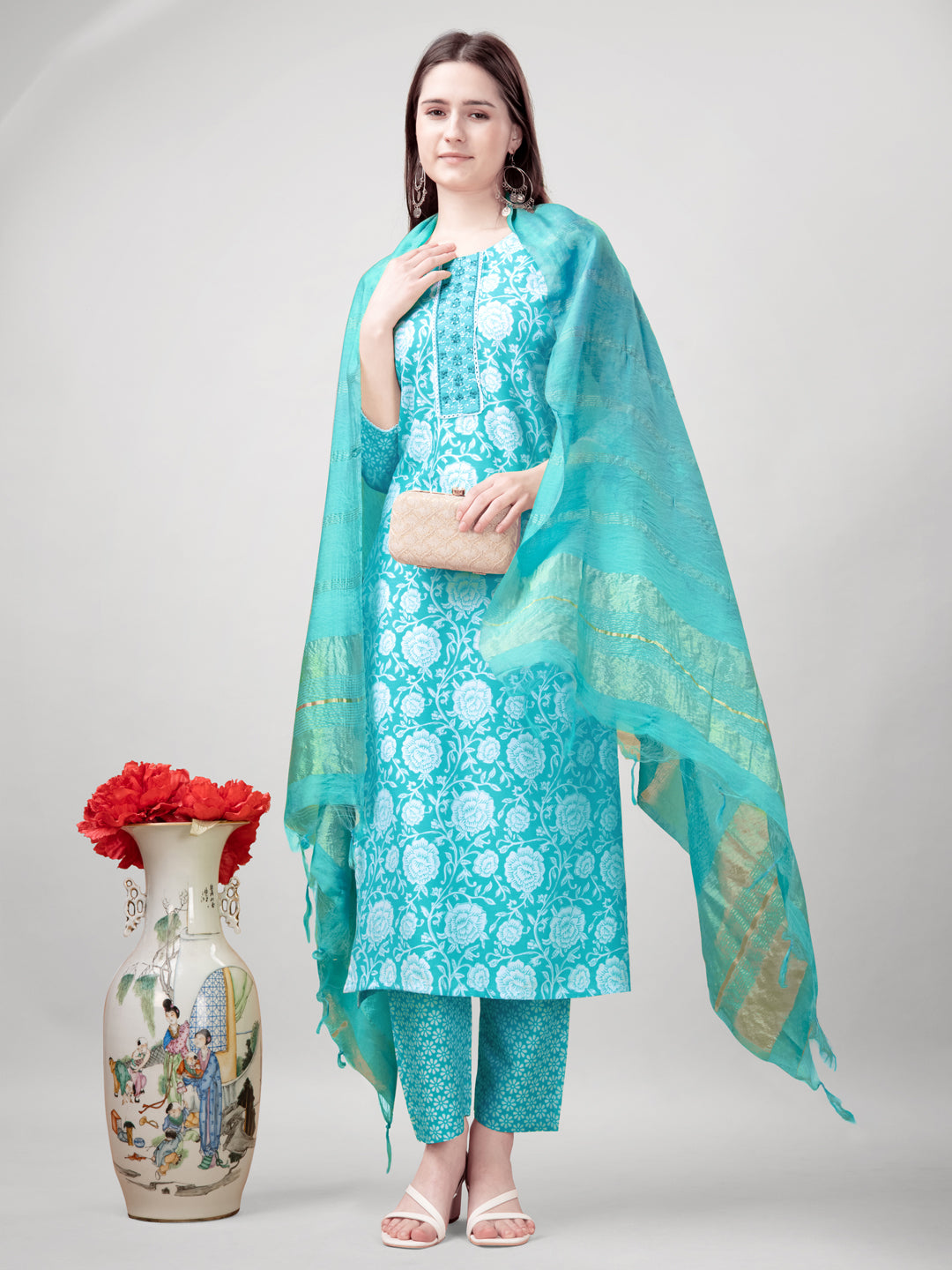 Embroidered Sky Blue Rayon Kurta Sets for Women