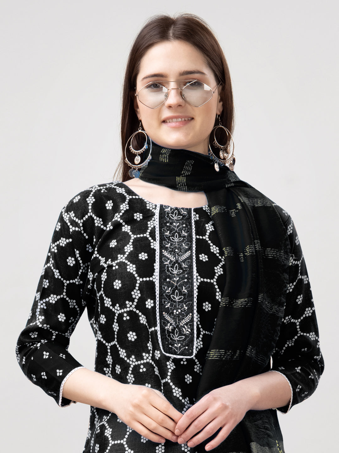 Embroidered Black Rayon Kurti Pant Set with Dupatta for Women