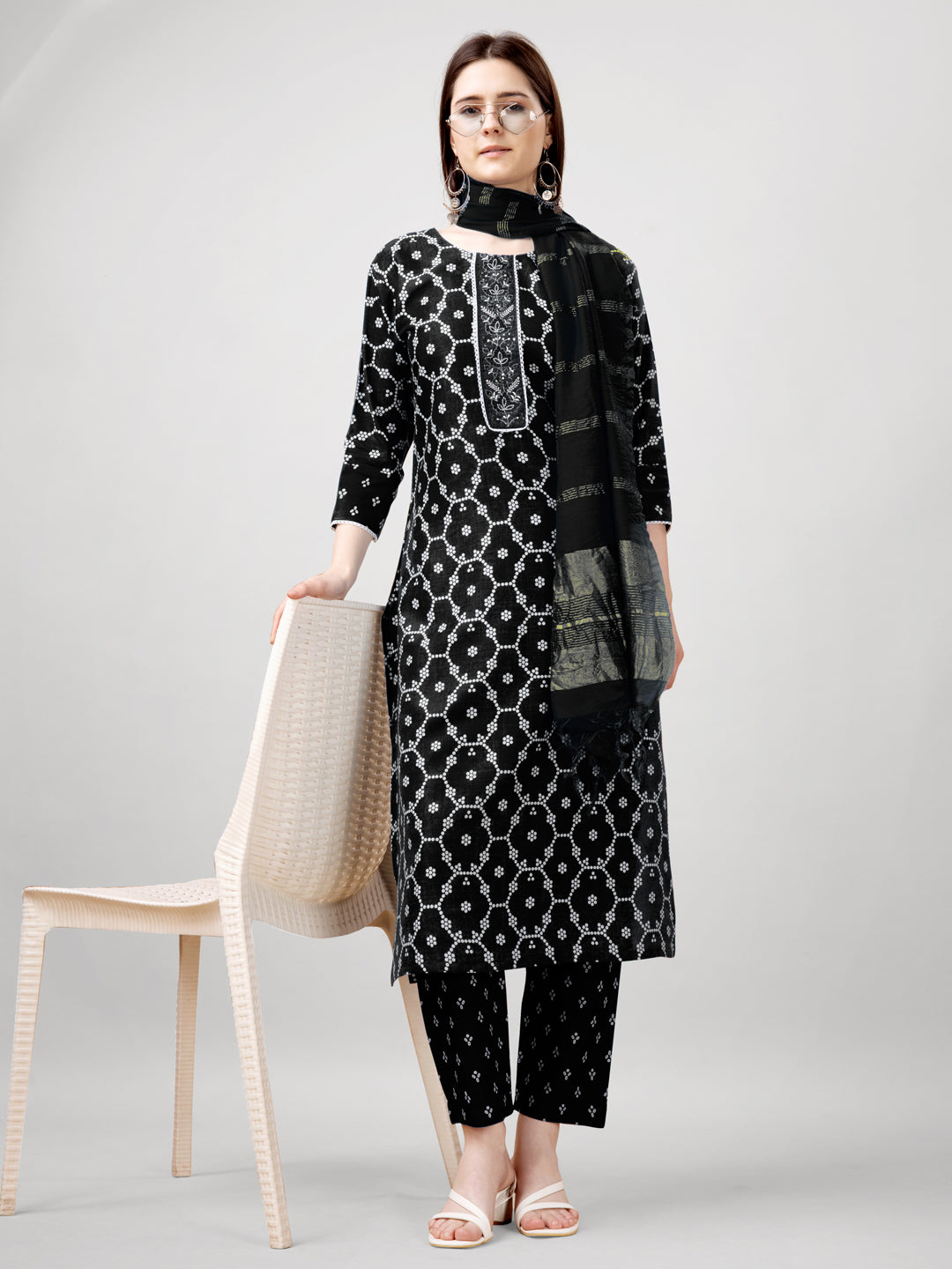 Embroidered Black Rayon Kurti Pant Set with Dupatta for Women