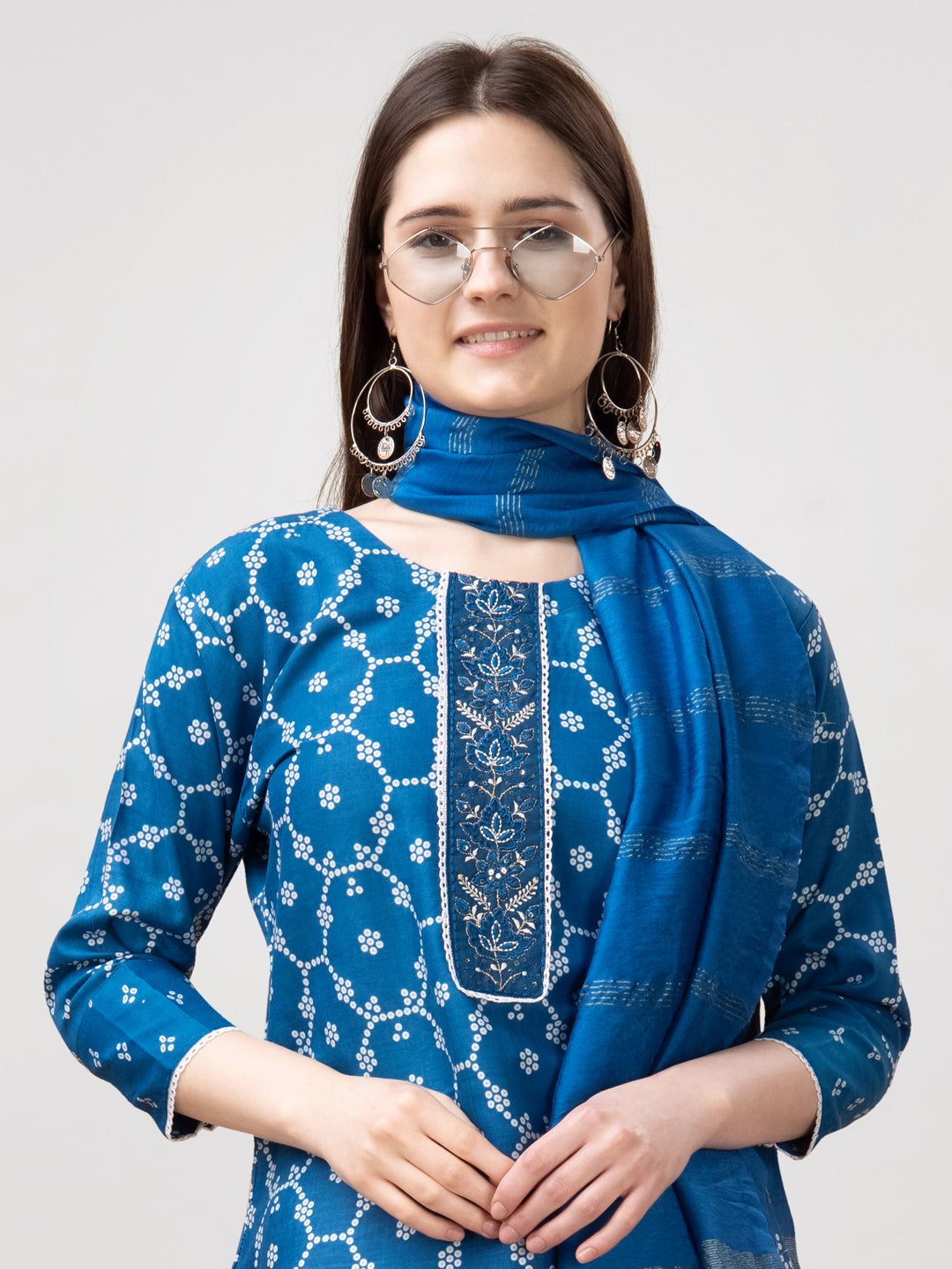 Embroidered Blue Rayon Kurti Pant Set with Dupatta for Women