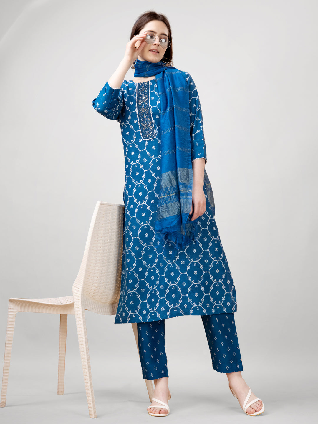 Embroidered Blue Rayon Kurti Pant Set with Dupatta for Women