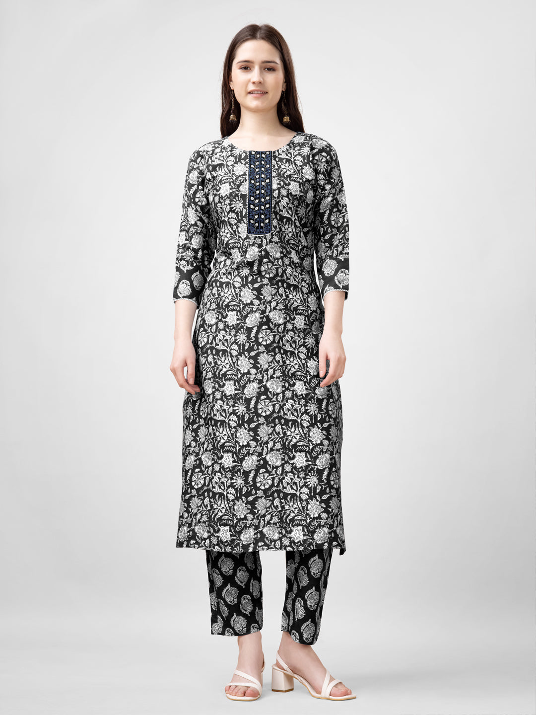 Embroidered Black Rayon Kurti Pant Sets For Women