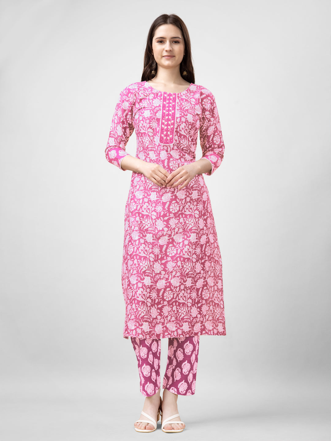 Embroidered Pink Rayon Kurti Pant Sets For Women