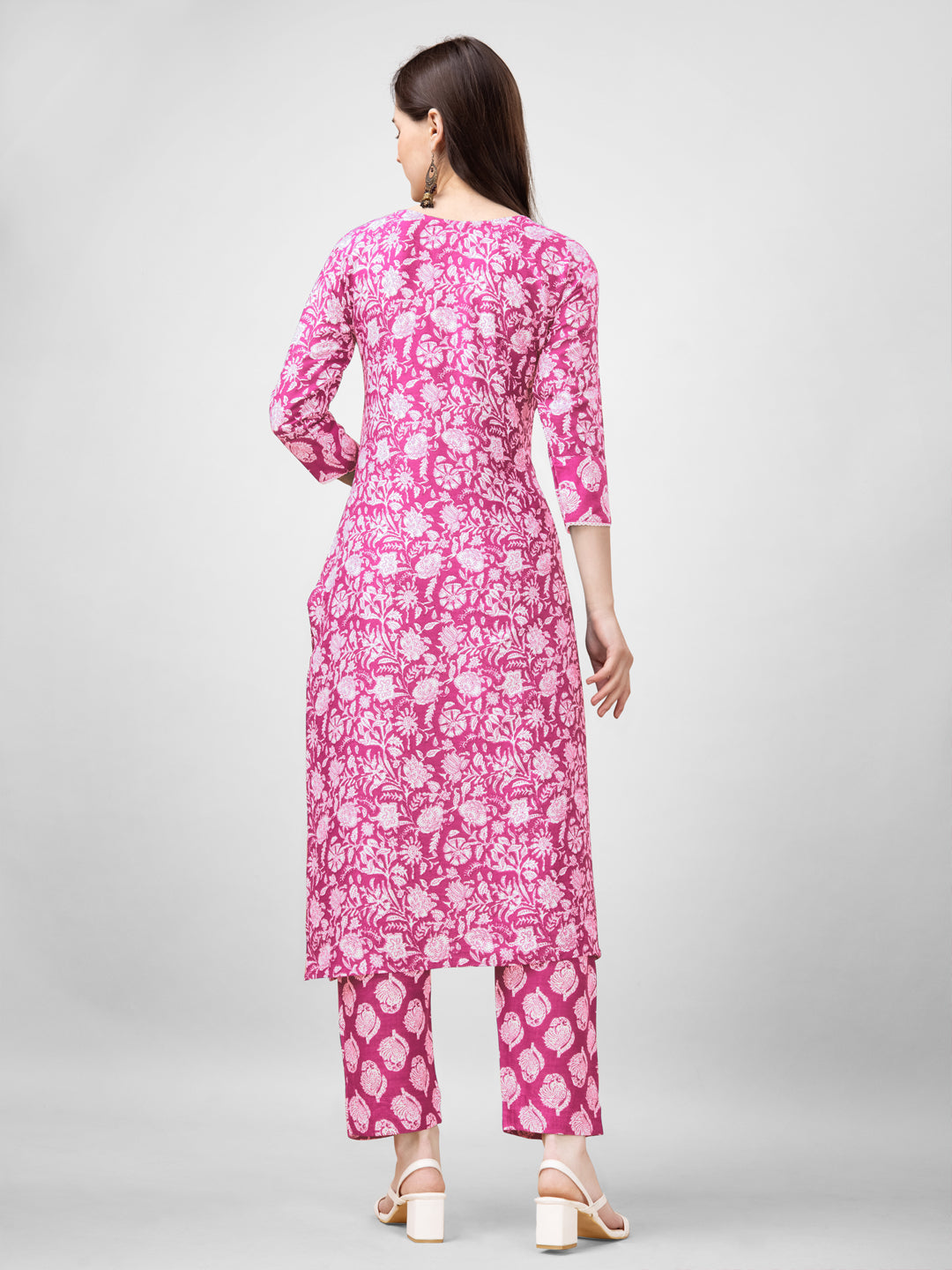 Embroidered Pink Rayon Kurti Pant Sets For Women