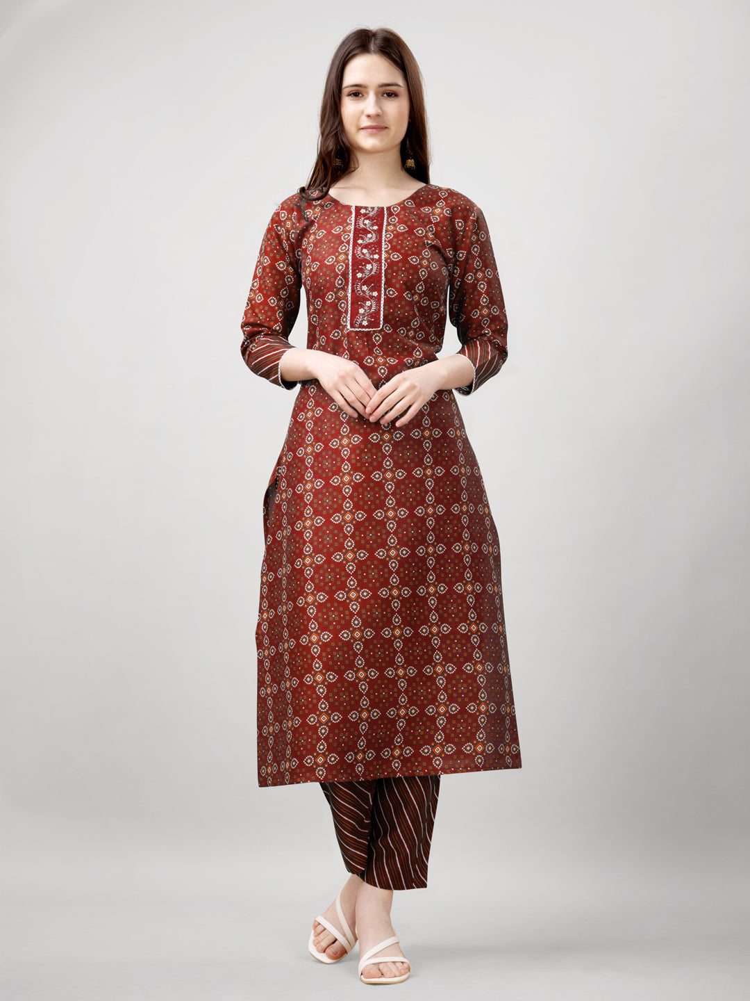 Printed Embroidered Maroon Rayon Kurti Pant Sets For Women