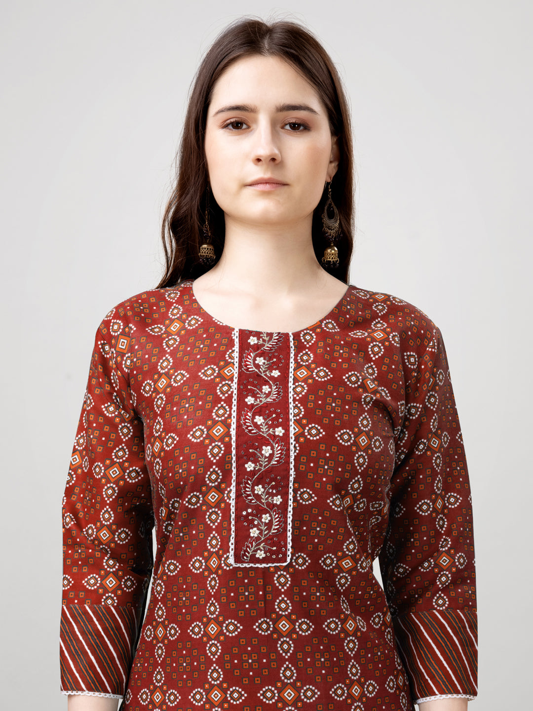 Printed Embroidered Maroon Rayon Kurti Pant Sets For Women