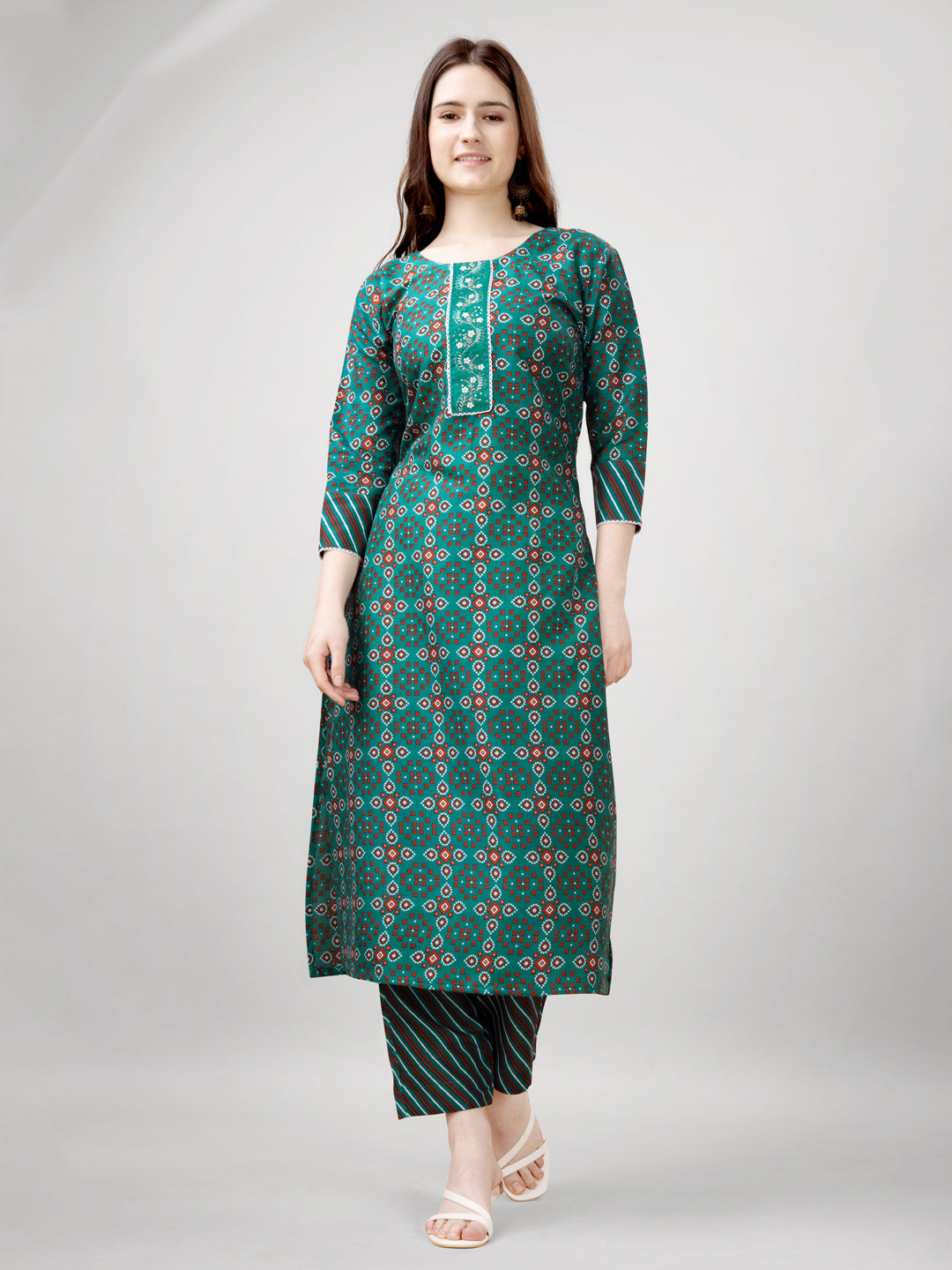 Printed Embroidered Rama Green Rayon Kurti Pant Sets For Women