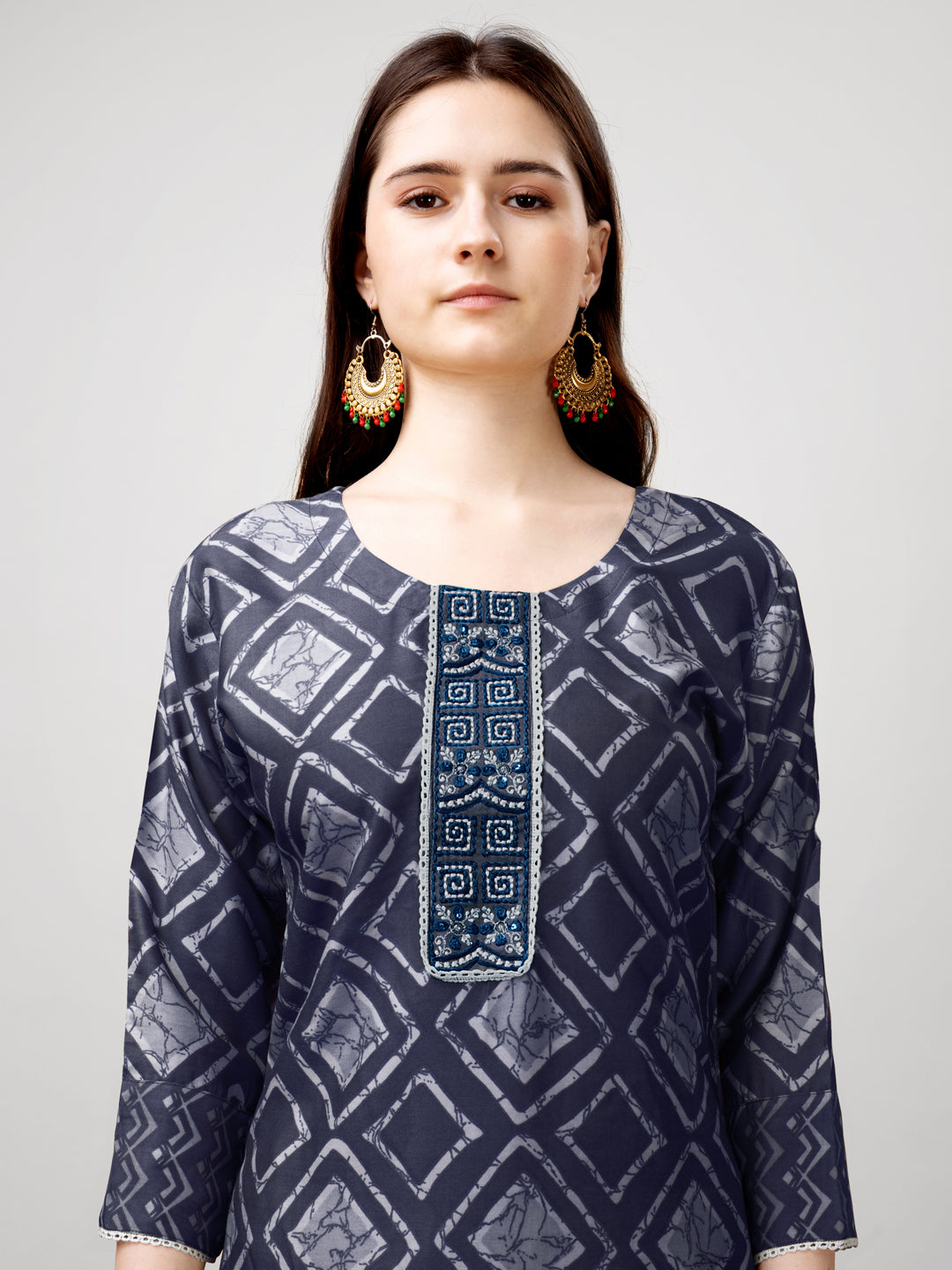 Printed Embroidered Gray Rayon Kurta Sets For Women