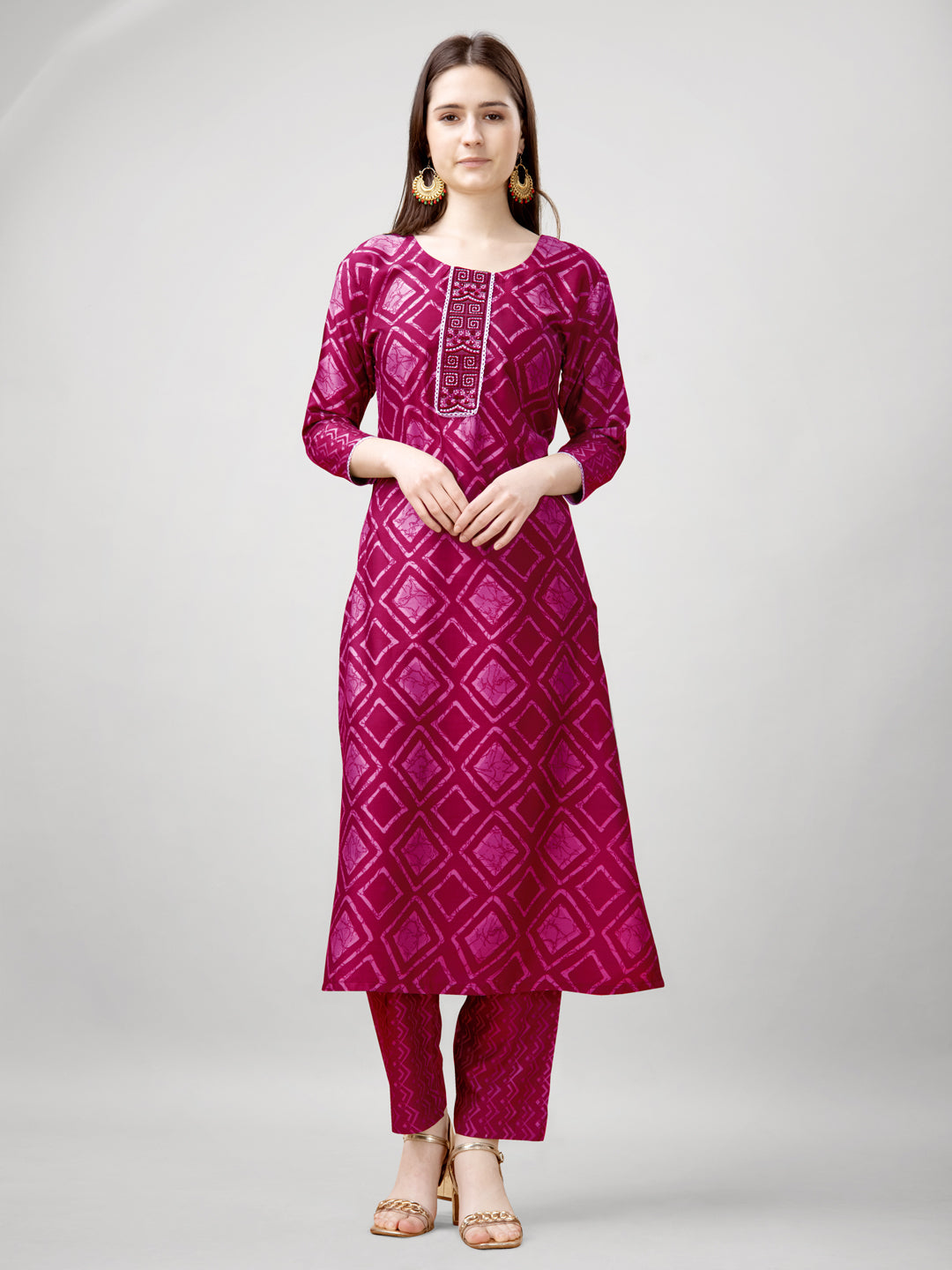 Printed Embroidered Pink Rayon Kurta Sets For Women