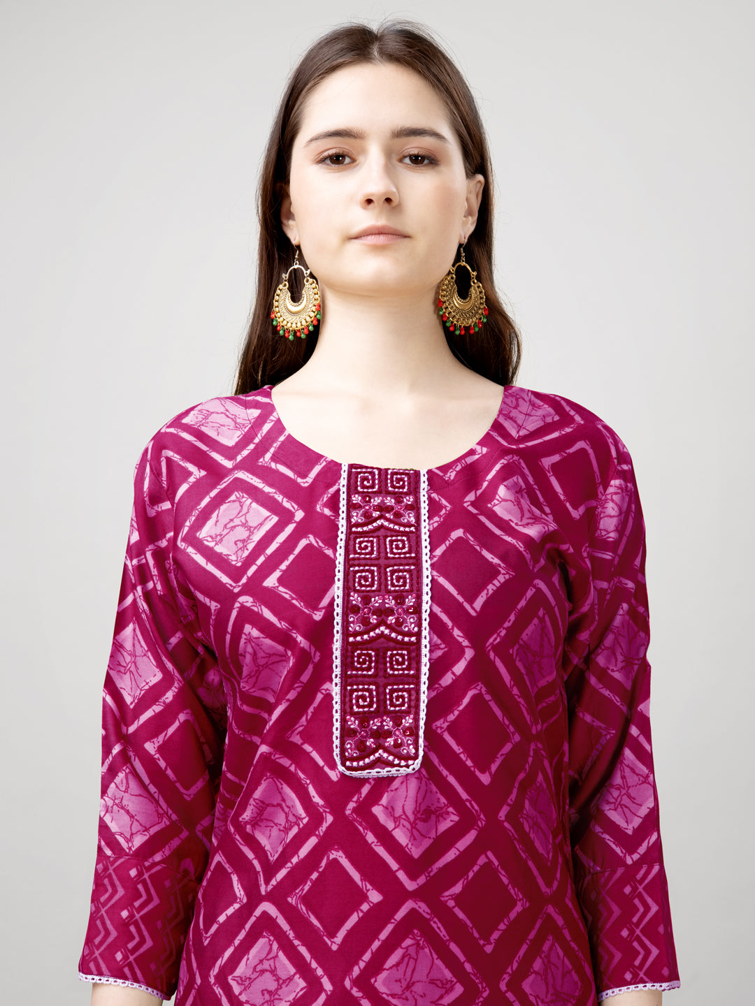 Printed Embroidered Pink Rayon Kurta Sets For Women