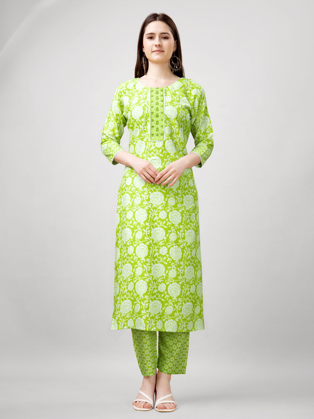 Printed Embroidered Parrot Green Rayon Kurta Pant Sets For Women