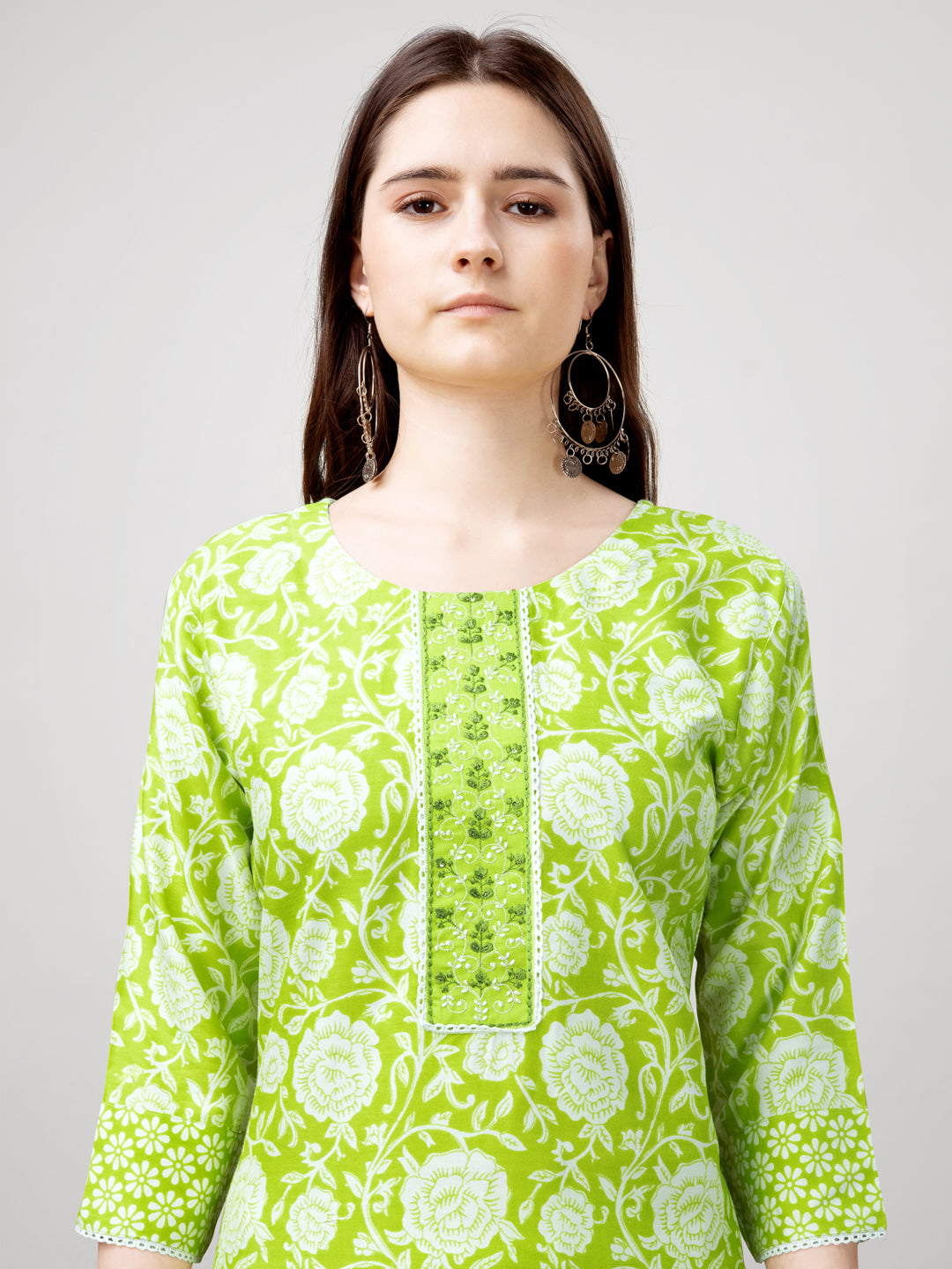 Printed Embroidered Parrot Green Rayon Kurta Pant Sets For Women