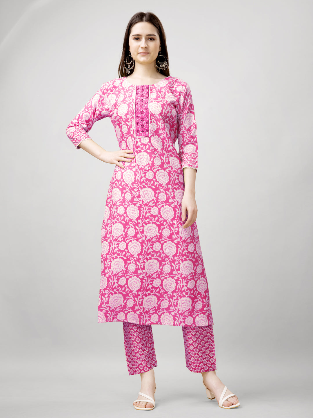 Printed Embroidered Pink Rayon Kurti Pant Sets For Women