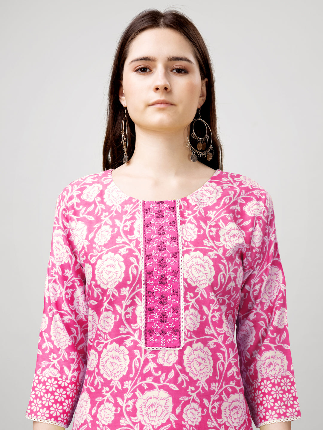 Printed Embroidered Pink Rayon Kurti Pant Sets For Women